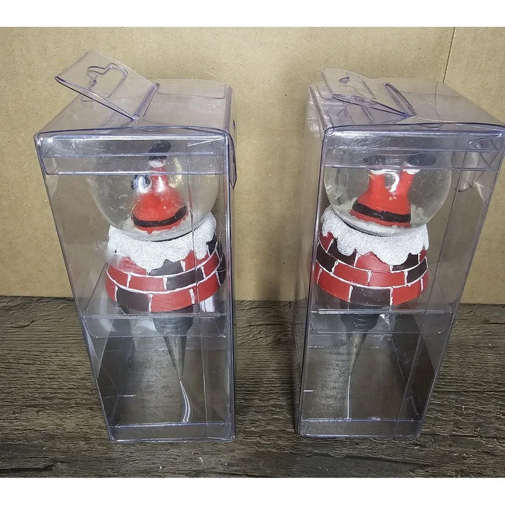 Pier 1 Imports Upside-down Santa Snowglobe Wine Bottle Stopper NIB Set Of 2